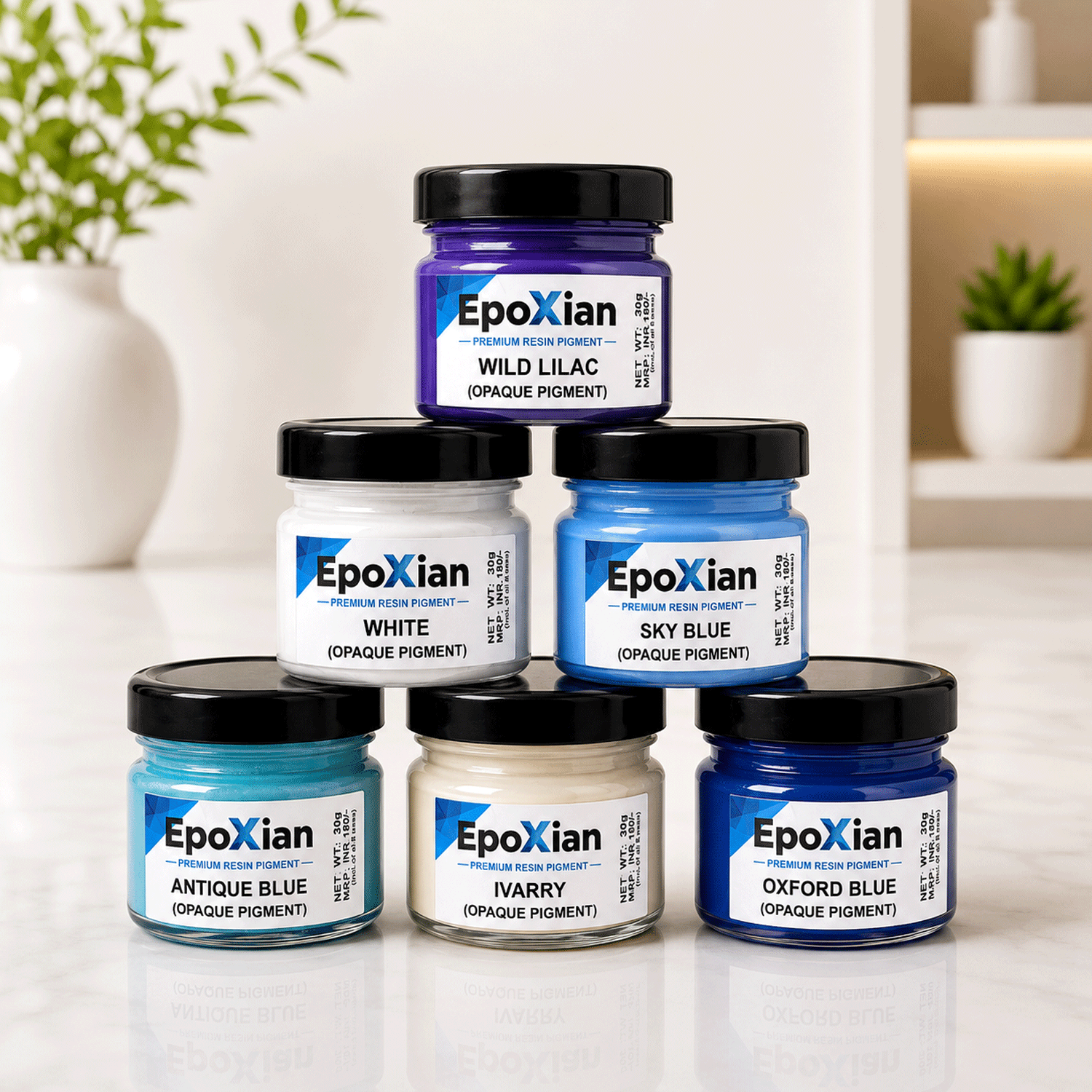 Opaque Resin Ocean & Sky Collection Pigment Set Of 6 Colors - Wild Lilac, White, Sky Blue, Antique Blue, Ivarry And Oxford Blue